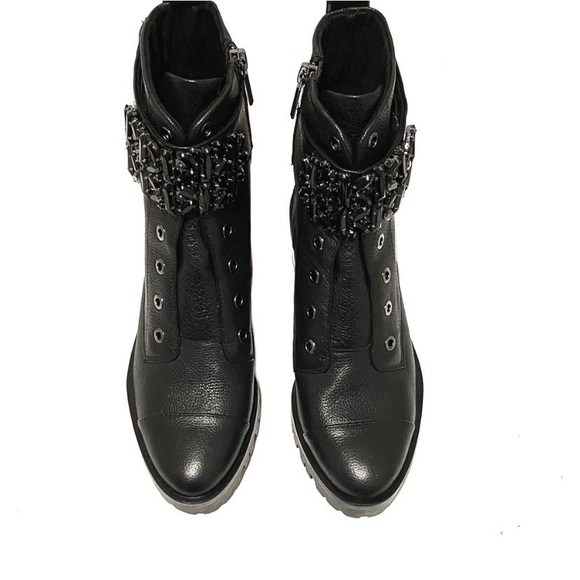 KARL LAGERFELD Black Pippa Crystal Embellished Platform Ankle Combat Boots - Picture 2 of 12